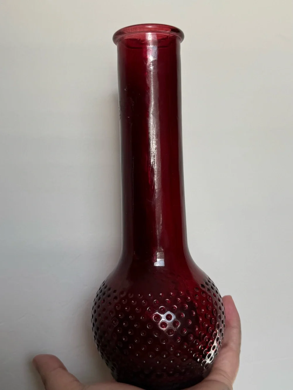 Vintage ruby red hobnail vase 9”